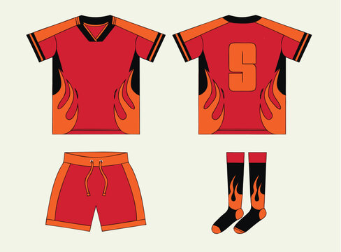 Red Fire Flame Soccer Uniform Kit Vector Template