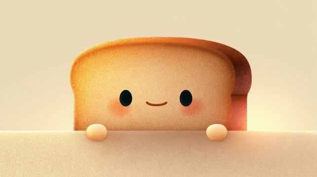 Cute Toast Character: A charming slice of toast with a happy face peeks over a surface, its small hands visible, radiating a sense of warmth and friendliness.