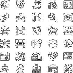 Fototapeta premium Manufacturing Intelligence Line Icons Set for Smart Factory Analytics, Industrial AI, Industry 4.0 UI UX Vector Pack