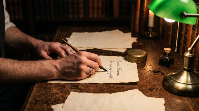 Man's hands writing with quill pen on parchment paper, vintage desk, library background