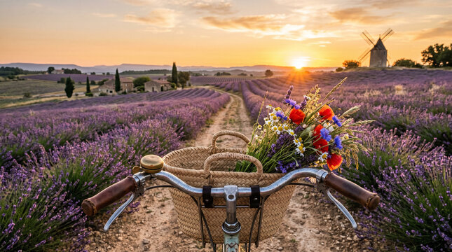 Bicycle with Lavender Basket at Sunset, Provence France