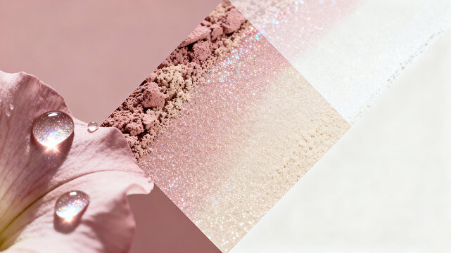 Fine shimmering gradient powder spreading with petal dewdrops, interpreting soft light setting makeup, suitable for multi-color high gloss loose powder product display board picture
