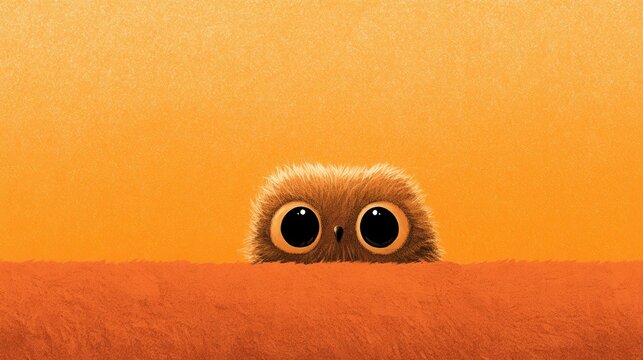 Peek-a-Boo Buddy: A shy, fluffy creature with enormous, captivating eyes peeks from behind an orange surface, its innocent gaze inviting curiosity and a sense of wonder.