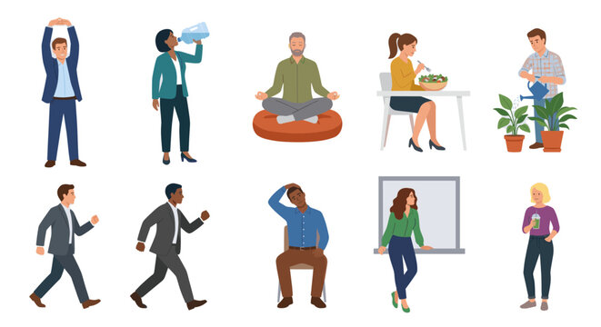 Diverse people engaged in healthy daily routine activities.