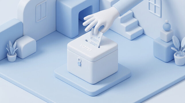 3D Illustration: Hand casts ballot into voting box, representing democracy, choice, and elections.