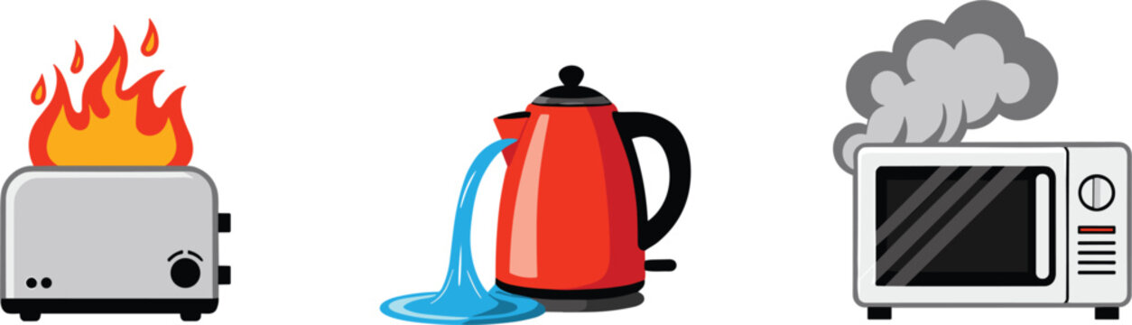 Broken household kitchen appliances set with fire smoke and water leakage, flat vector graphic design illustration