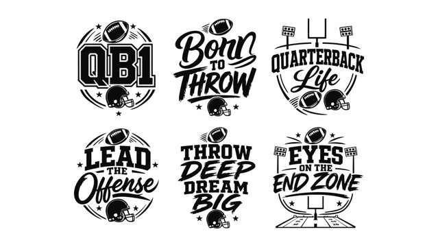 Collection of American football themed graphic designs with motivational quotes and icons