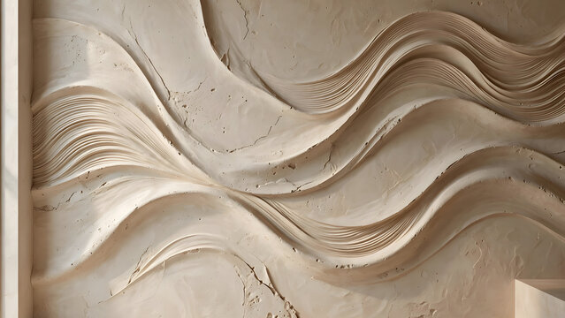 Abstract neutral beige textured wall art with flowing plaster waves 3D relief pattern for modern interior design background