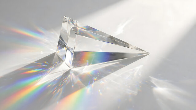 Glass prism dispersing light into a colorful spectral rainbow on white background