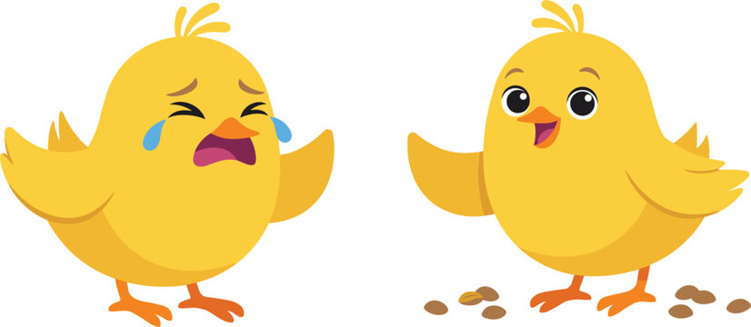 Cute yellow chick cartoon characters showing sad crying and happy emotions, flat vector graphic design illustration