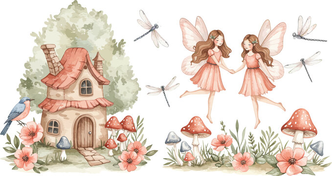 Whimsical watercolor illustration featuring two cute fairies flying near a charming fairytale cottage surrounded by blooming flowers and dragonflies on a white background