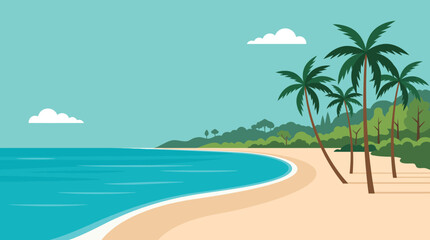 Minimalist flat beach landscape background with tropical palm trees sand and sea banner © Teguh