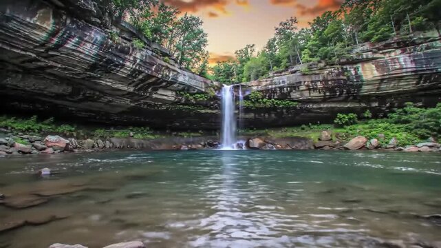Waterfall Flowing Through Forest River at Sunset Dram 120 chars