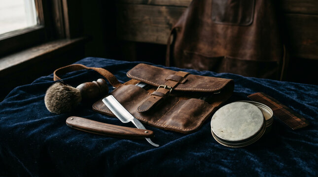 Vintage Shaving Kit: Straight Razor, Brush, Leather Pouch, Balm