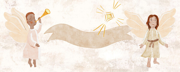 Obraz premium Angels blowing trumpets, holding blank ribbon banner in cloud white tones watercolor. Soft neutral background, airy composition, isolated on white. Ideal for Christmas cards, luxury branding, prints.