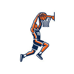 Basketball player performing a powerful slam dunk on the court. © Mr.dexterouz