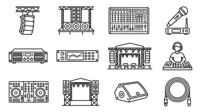 Clean Black and White Line Art Icons Set Featuring Audio and Stage Equipment for Events and DJs