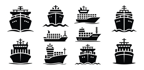 Cargo Ship Collection: A striking graphic collection of various cargo ships in silhouette. maritime transport, shipping industry, freight carrier, logistic vessel, port worker. © Jibit
