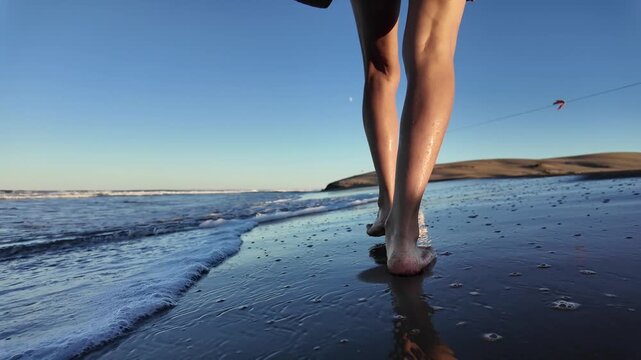 Woman's bare feet walking along the wet sand of a beach at sunset holding her sandals while ocean waves gently splash over her legs and leaving footprints in the sand