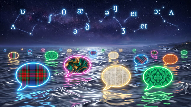 Diverse communication bubbles float on ocean waves under starry sky with phonetic symbols