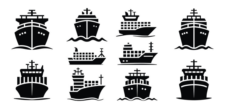 Cargo Ship Collection: A striking graphic collection of various cargo ships in silhouette. maritime transport, shipping industry, freight carrier, logistic vessel, port worker.
