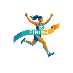 Obraz premium Female runner crosses finish line with arms raised in victory celebration.