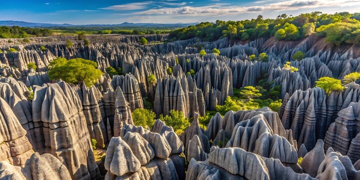 Aerial view of the tsingy de bemaraha limestone forest in madagascar, featuring sharp grey rock pinnacles and patches of green vegetation