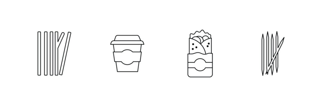 Disposable drinking straws coffee cup burrito wrap and toothpicks outline icon set vector illustration.