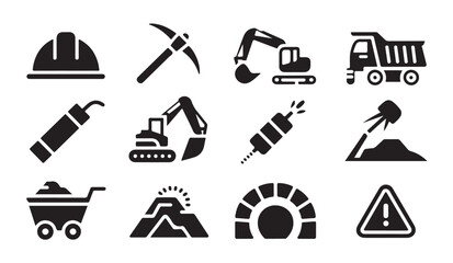 Mining industry safety and heavy equipment icon set. © MDABDUR