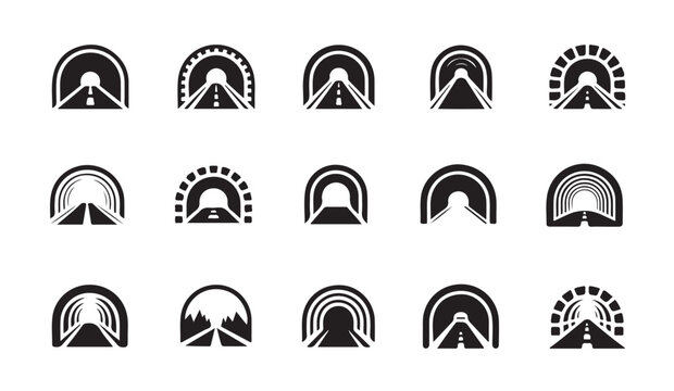 Road tunnel vector icon set. Highway tunnel in mountain or through hill flat illustration.
