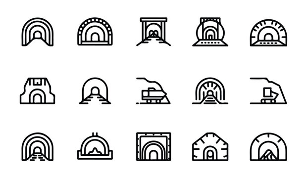 Tunnel entrance and passage architectural line art icons.