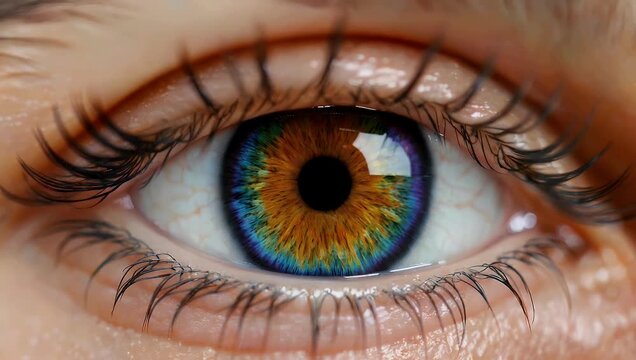 Breathtaking 4K macro sequence focusing on a highly detailed human eye capturing the intricate fibers of the colored iris the natural dilation of the pupil and fine skin textures for clinical