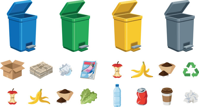 Waste Sorting and Recycling Vector Illustration Set Featuring Blue Green Yellow and Grey Step Trash Bins Cardboard Paper and Plastic Scrap Icons