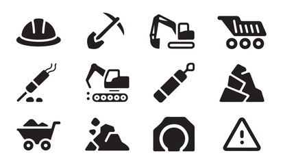 Mining industry glyph icons. hard hat, pickaxe, excavator, dump truck, drill, TNT and tunnel. © MDABDUR