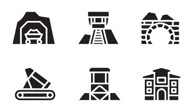 Mining industry glyph icons. coal mine, mine shaft, mine entrance, crusher, quarry and factory.