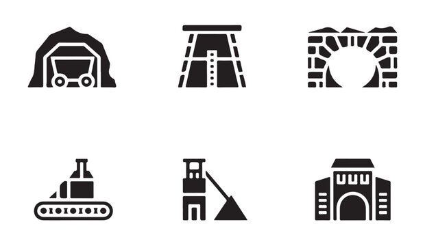 Mining industry solid icons. coal mine, mine shaft, mine entrance, crusher, quarry and factory.