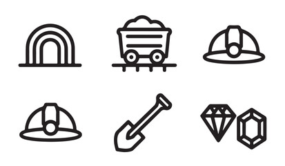 Mining industry equipment set including helmets trolleys shovels and precious gemstone icons. © MDABDUR