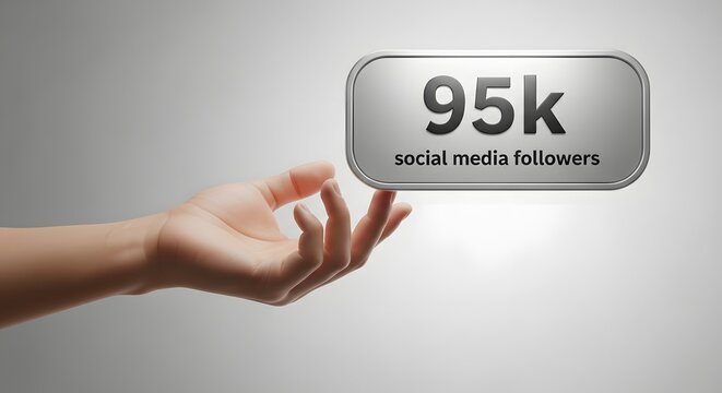 Hand balancing a metallic silver plate featuring ninety-five thousand social media followers to represent audience expansion.