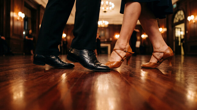 Couple dancing ballroom, close-up on feet and shoes on polished wood floor