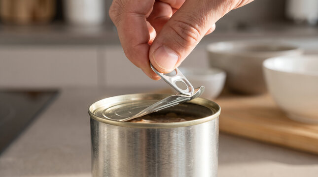 Hand opening metal can with a pull tab in a modern kitchen  