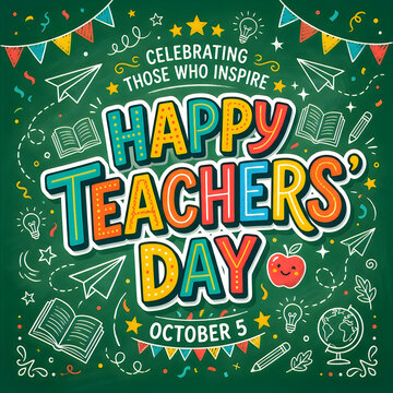Happy teachers day october 5 message with doodles on green chalkboard background.