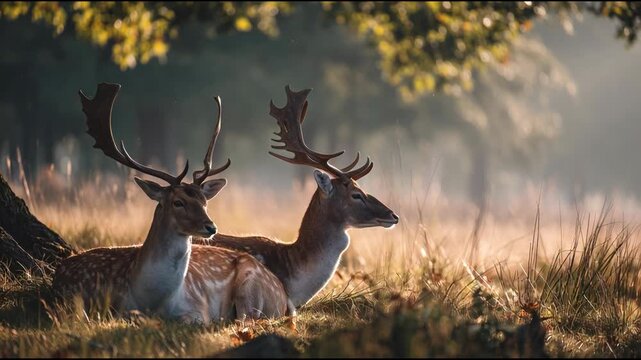 Two majestic deer with large antlers resting in a sun-dappled forest clearing.