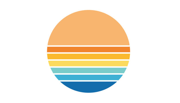 Retro vaporwave sunset circle containing colorful horizontal stripes in orange, yellow, turquoise, and dark blue on a white background.