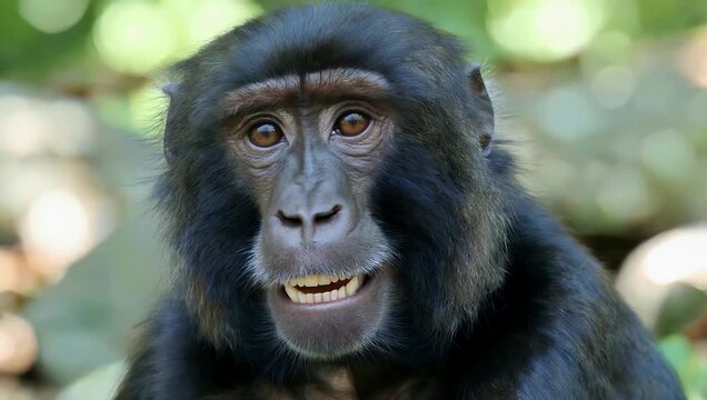 A remarkable close up 4K slow motion video capturing a black crested macaque staring into the camera with an expressive smile like facial expression showcasing primate intelligence and behavior