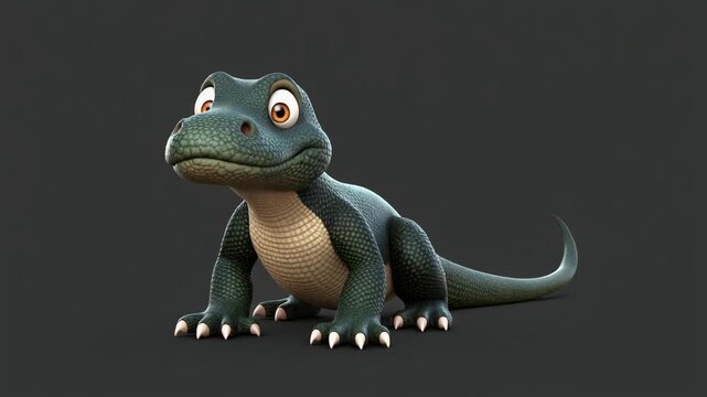 Cute cartoon lizard character posing and looking around in a studio setting with soft lighting