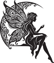 Fototapeta premium Vector Illustration Set of Angel Dragon Eagle Witch Woman and Pegasus Silhouettes with Floral Design Cartoon Animal Art Drawing in Black Style