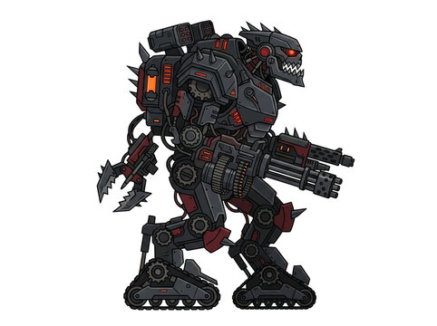 Ferocious mechanical war robot character standing in a side view profile featuring sharp spikes heavy armored plating glowing red eyes and a massive multi barrel minigun for intense futuristic combat