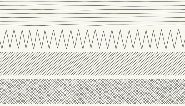 Horizontal sections of hand drawn design patterns with straight lines, sharp zigzags, diagonal lines, and cross hatches.