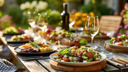 Obraz premium Dinner Celebration in a Backyard Garden With Organic Food and Drinks at Sunset for Friends and Family