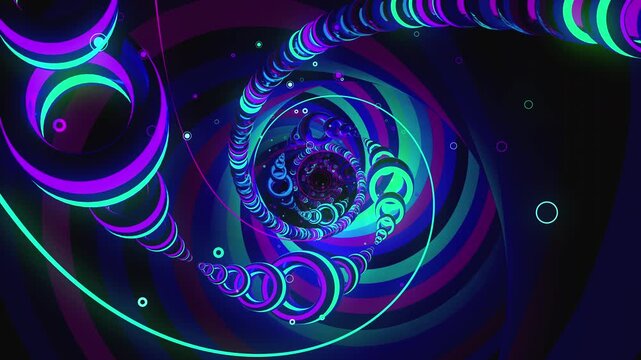 Abstract digital vortex made of twisting torus chains, spiral orbital paths and cosmic ring arrays, creating deep astrophysics science background.